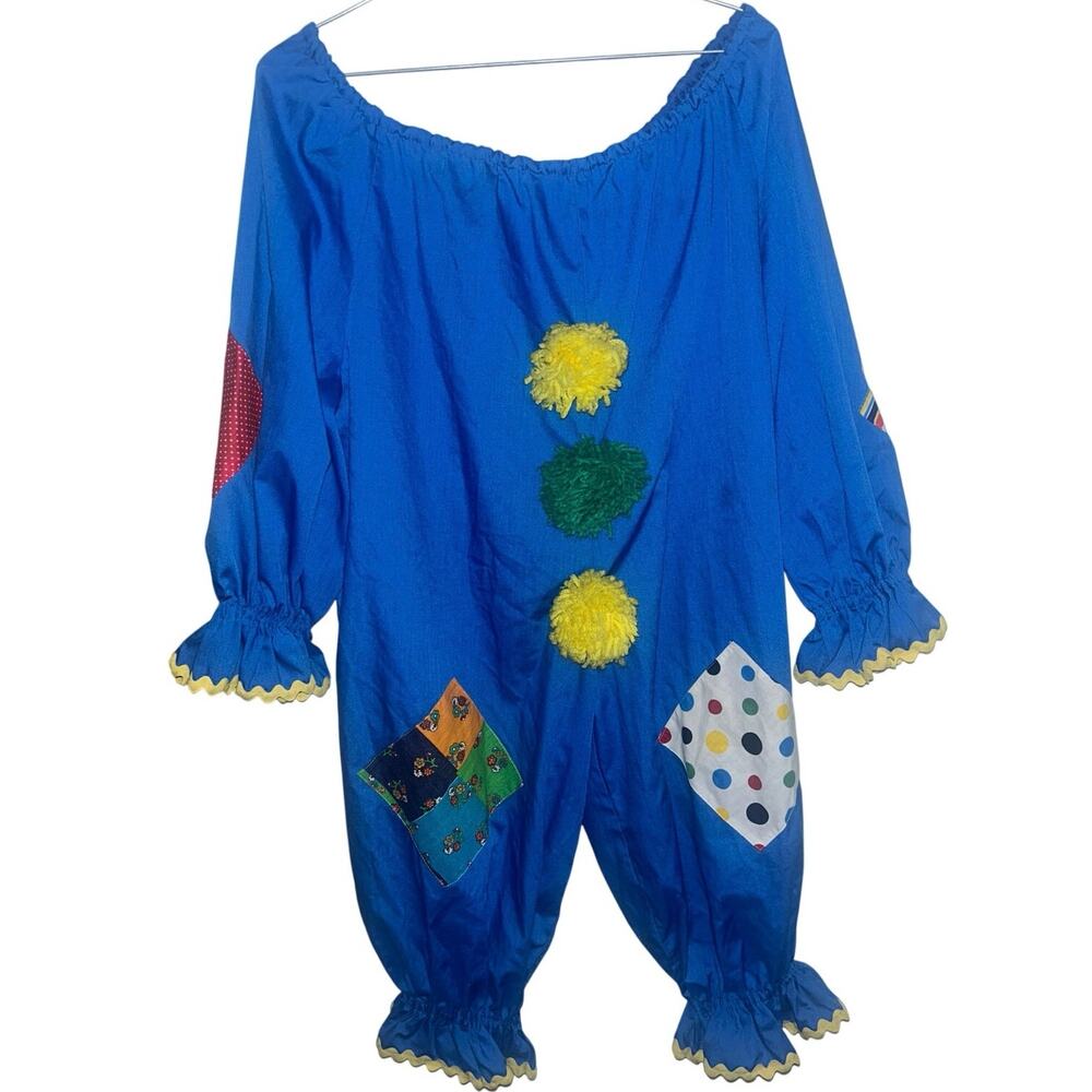 Vintage Kids Handmade Clown Costume Jumpsuit 1970s Patchwork Pom-Pom- Blue